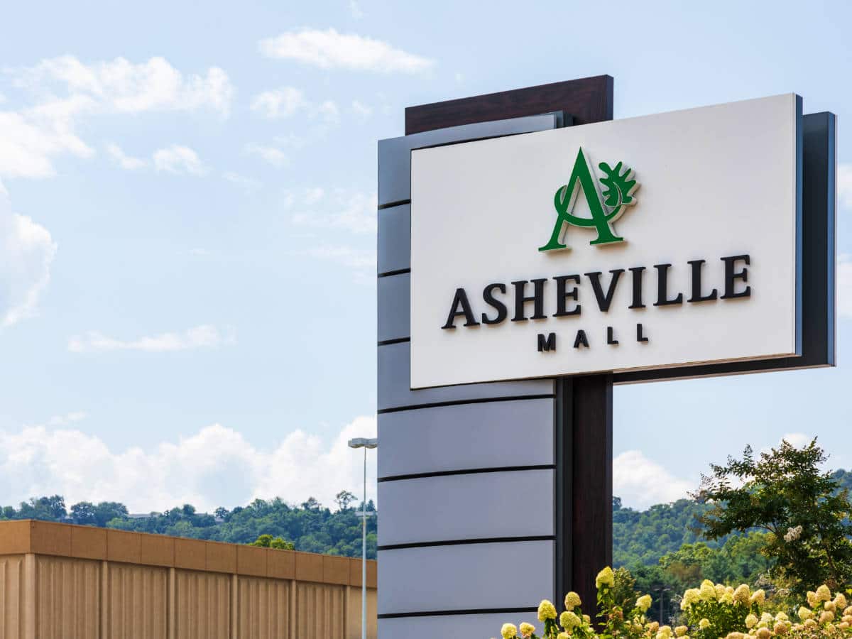 View of the Asheville Mall signage at the entrance