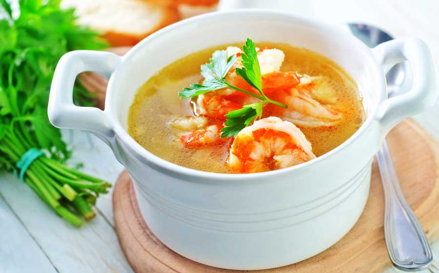 View of a shrimp soup on a bowl