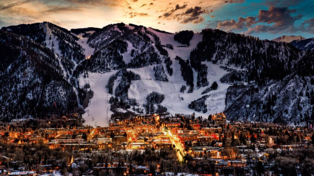 Stunning view of Aspen skyline and snowy mountains at sunset