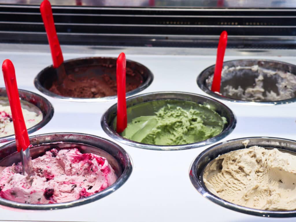 Closeup view of the variety of ice cream flavors