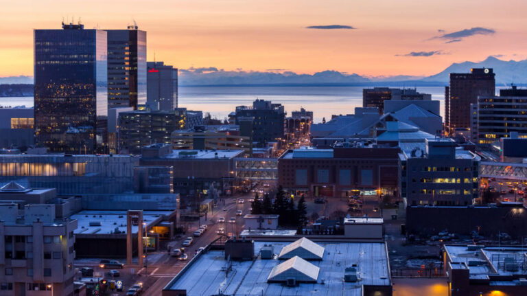 Overlooking view at Downtown Anchorage during sunset