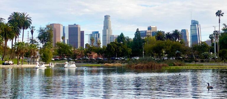 View of Los Angeles skyline and Echo Park Lake
