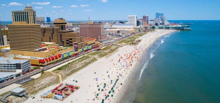 Aerial view of the city near the vast white sand beach