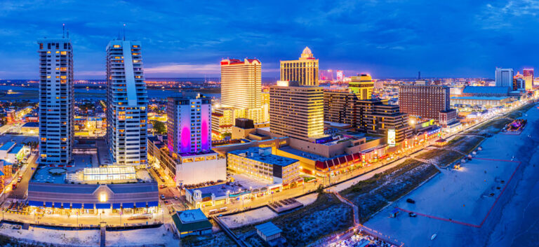 Aerial view of the illuminated Atlantic City at night time