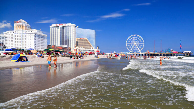 Panoramic view of the crowd at the beach and pier on a sunny day in Atlantic City