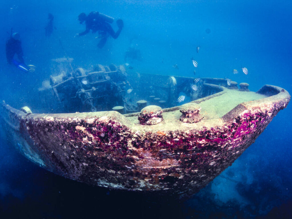 View of the Atlantic Princes shipwreck under the water of the Caribbean sea