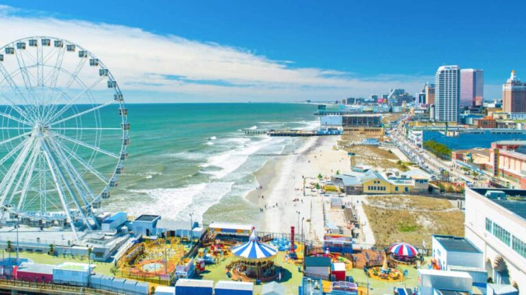 Aerial view of the town, Atlantic city Boardwalk, and Steel Pier near the beach of New Jersey.