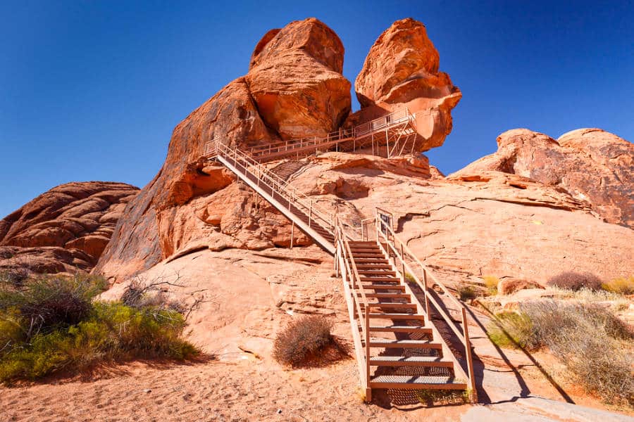 A metal staircase leading up to Atlatl Rock at Valley of Fire State Park