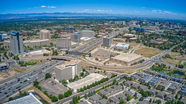 Aerial view of buildings and houses in Aurora