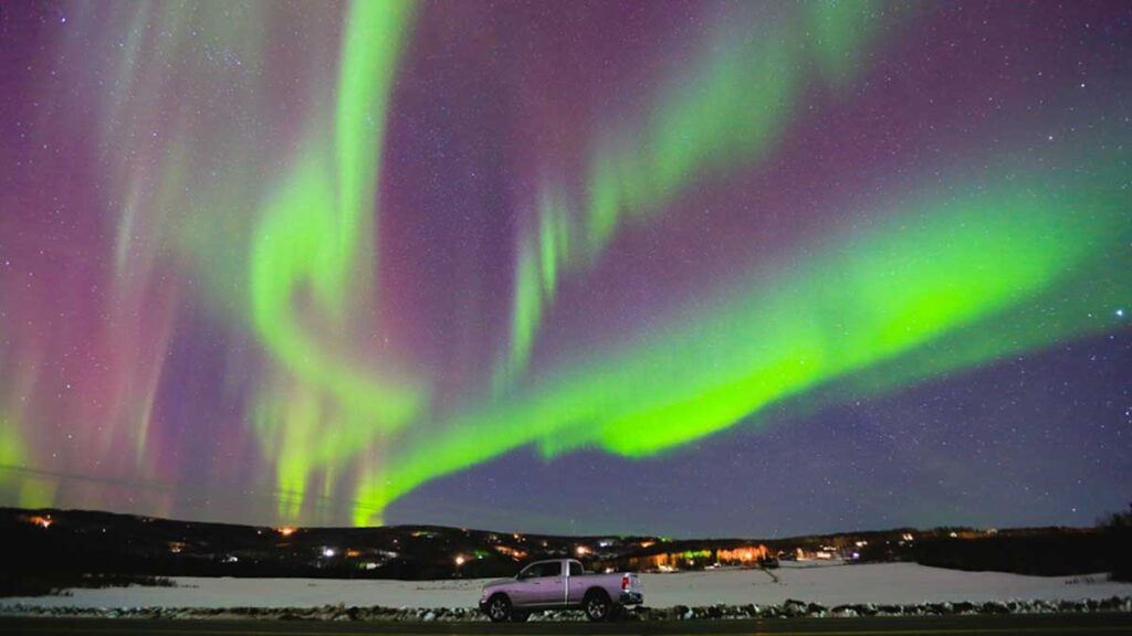 Scenic view of the aurora northern lights over Fairbanks