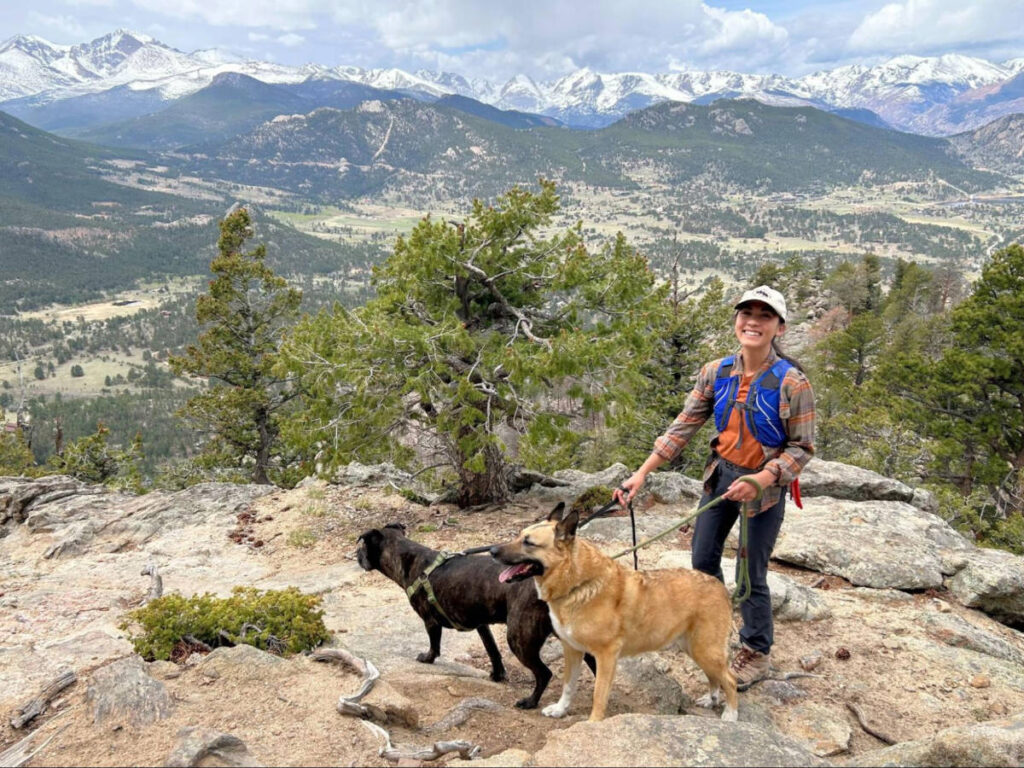 Author Abigail and her pups hiking at Rocky Mountain National Park