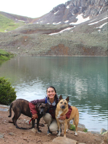 Author Abigail and her dogs at Cathedral Lake