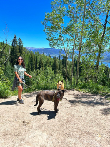Author Abigail with her dogs hiking at Meadow Creek Trail