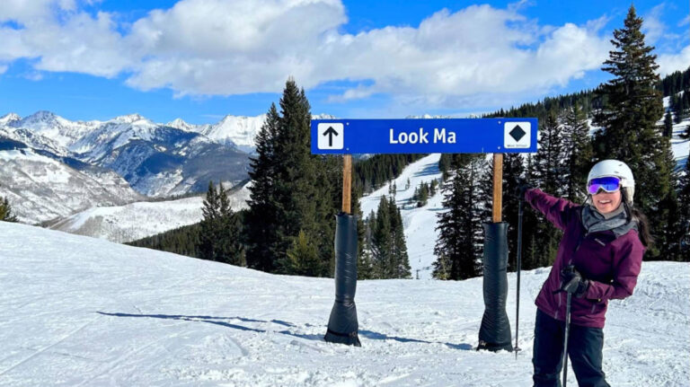 Author Abigail showing the Look Ma ski trail