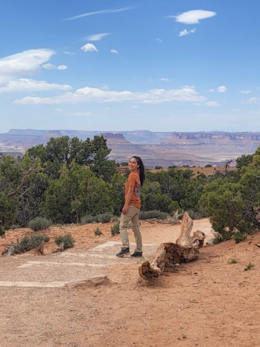 Author Abigail wearing her UPF Pants while on a hike