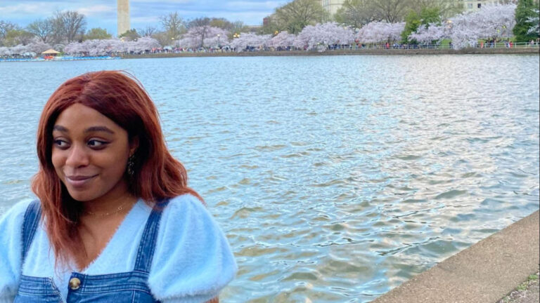 The author, Alexandria Taylor and the Tidal Basin on her background