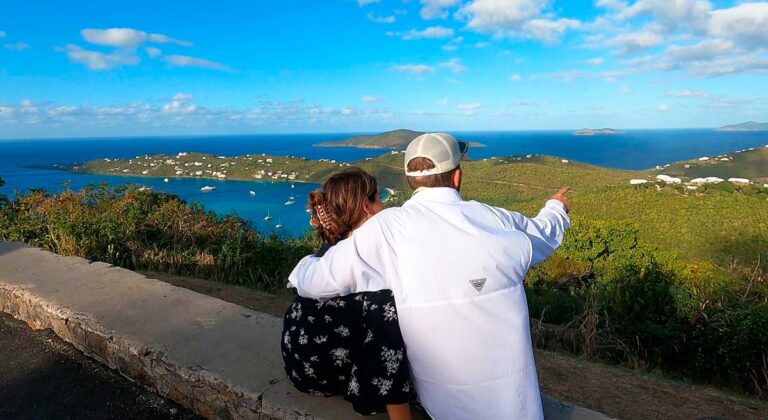 The author with her wife and the view from Magens Bay in St. Thomas