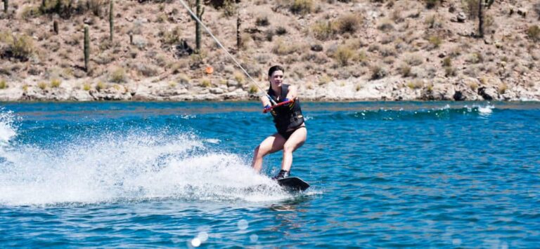 The author Betty Hurd wakeboarding at Lake Pleasant Regional Park