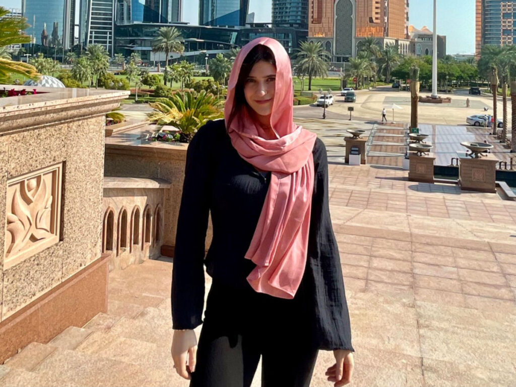 Author Betty wearing a pink headscarf