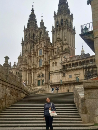 Author Catherine at the stairs to Santiago de Compostela