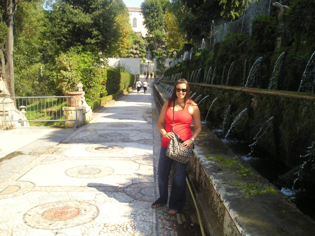 Author Catherine near some of Tivoli’s fountains