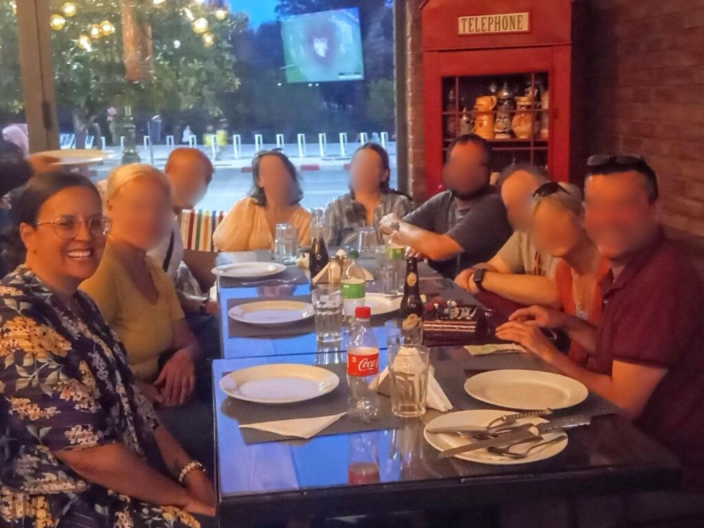 Author Catherine having dinner with her tour group in Marrakesh