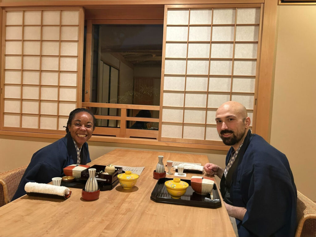 Author Chelsea and husband eating their first meal at Ryokan Motonago