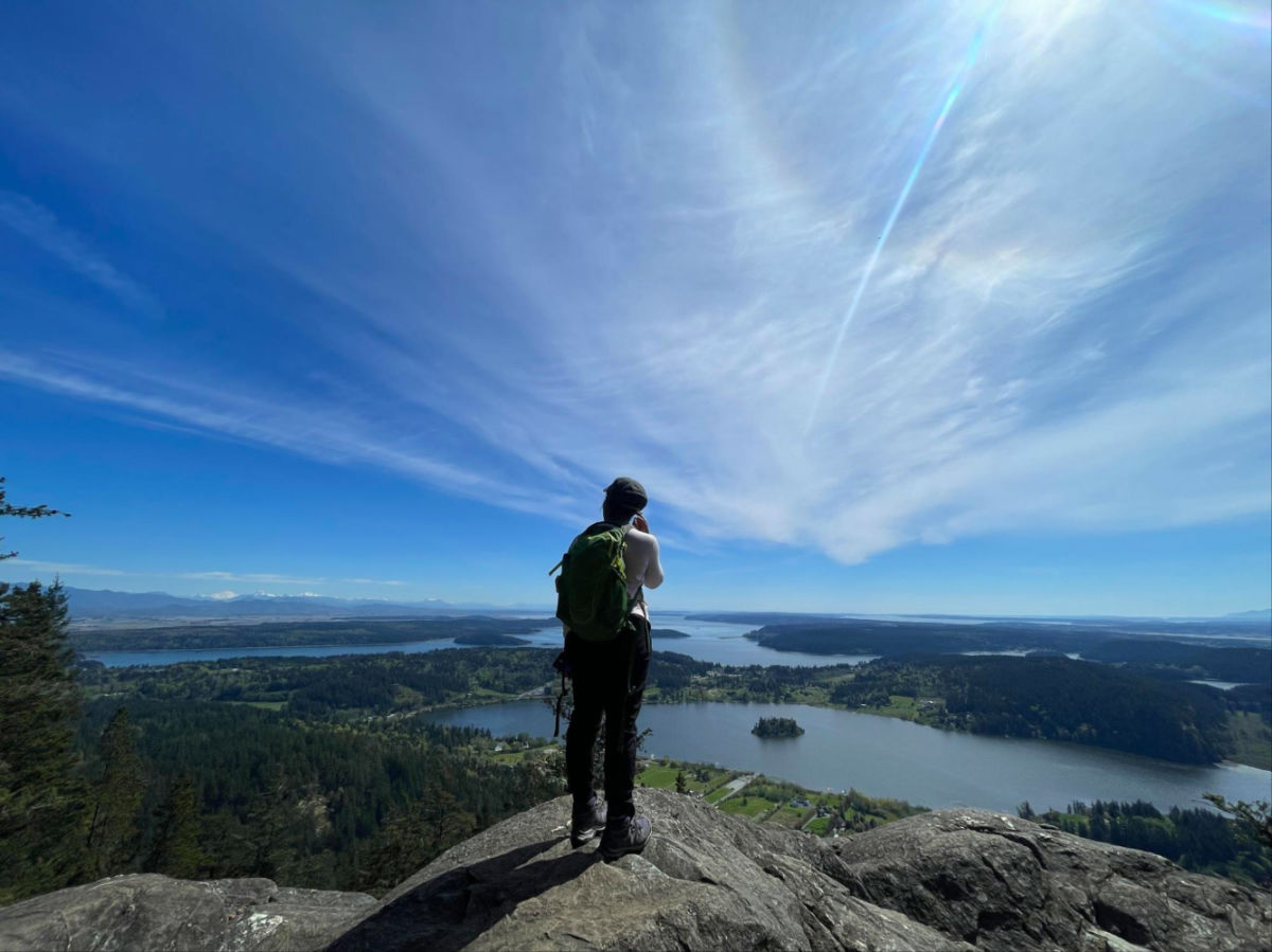 Author Chelsea checking out the view from Mount Erie in Anacortes