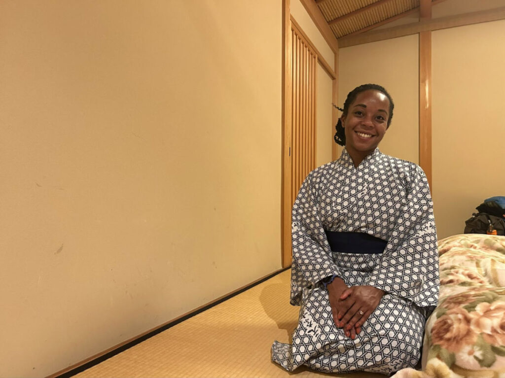Author Chelsea wearing the ryokan’s cozy, provided yukata
