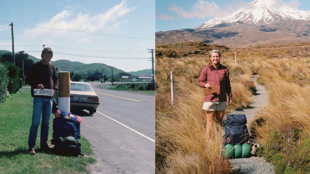 Side by side photo of Author Laura and her dad with their backpacks heading to Mt. Ruapehu