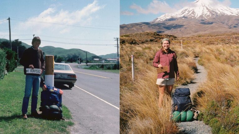 Side by side photo of Author Laura and her dad with their backpacks heading to Mt. Ruapehu
