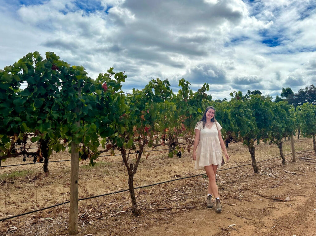 Author Laura standing at the vineyard in Margaret River