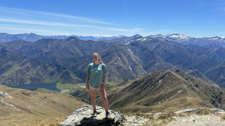 Author Laura hiking in Queenstown in New Zealand’s South Island