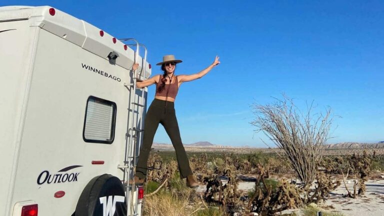 The author, McKenna Mobley on her motorhome during her adventure in Southern California