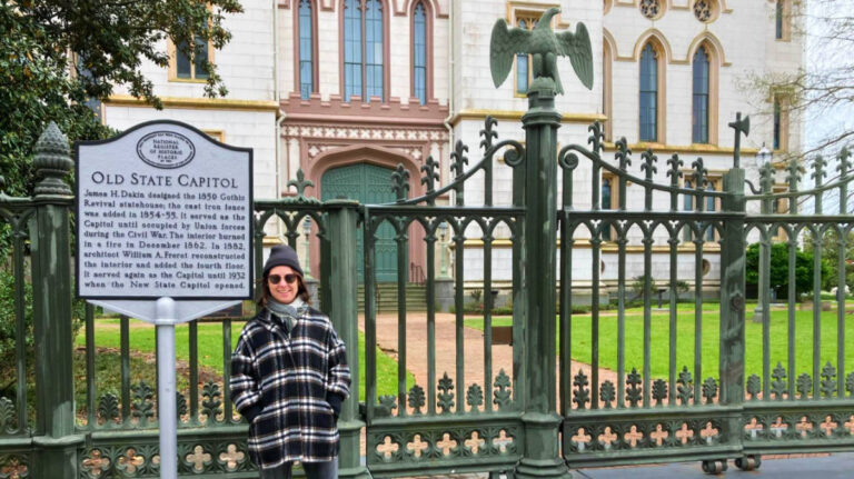 The author, Meg O'Connor, outside the Old State Capitol Museum in Baton Rouge