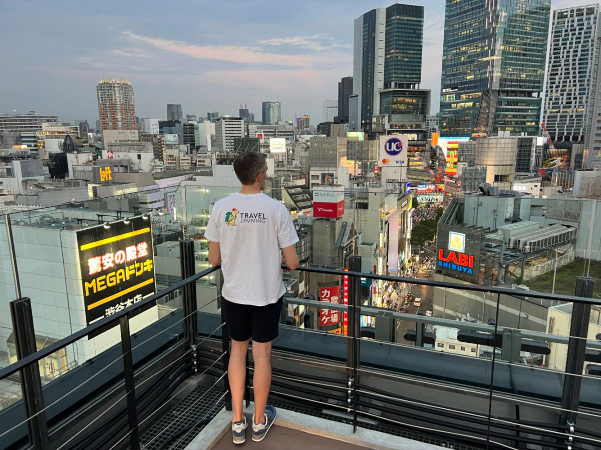 Author Nate looking out over Shibuya from the Hotel Indigo terrace