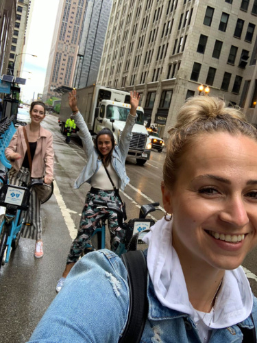 Author Niamh and friends on bicycles pose for a selfie