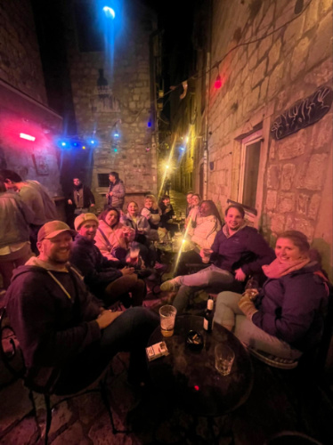 Author Ruthie socializing with other hostel guests