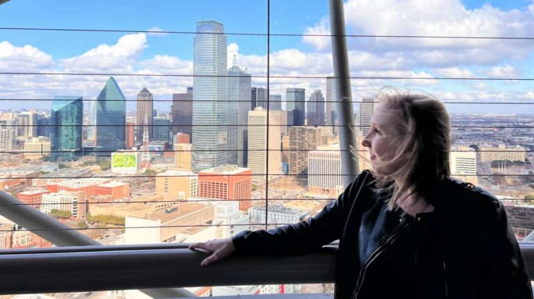 Author Sarah taking in the views from the Reunion Tower observation deck