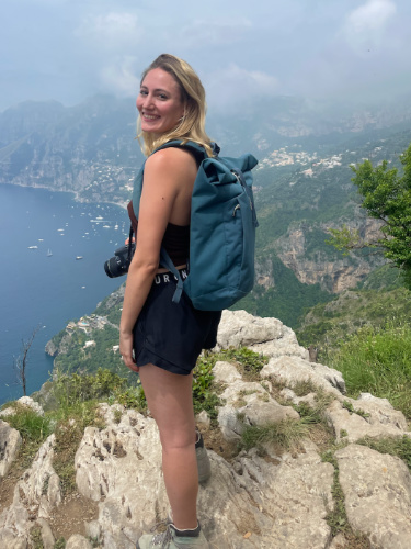 Travel Lemming author Sky, overlooking ocean views and town on Amalfi Coast hike