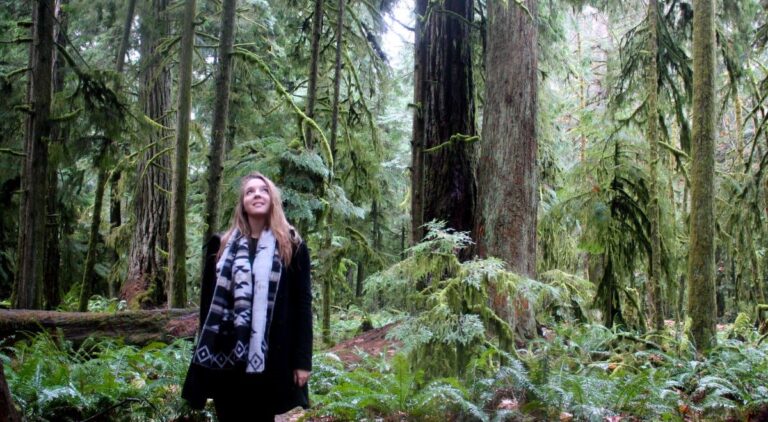 Author Taylor stands amongst fir trees in Cathedral Grove on Vancouver Island