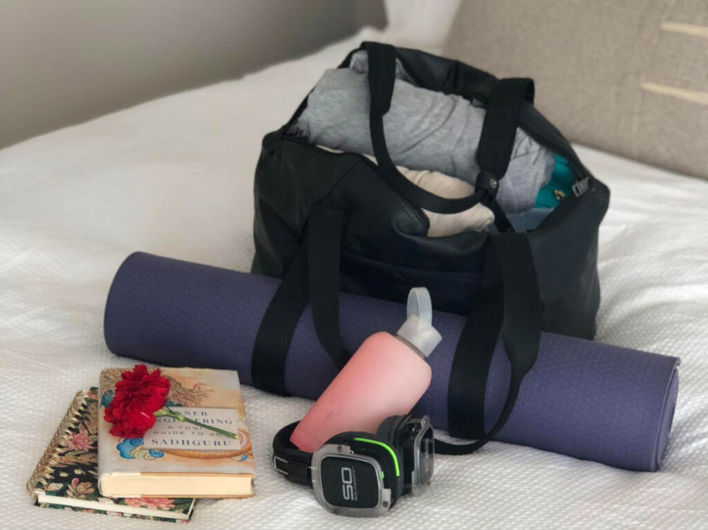 View of Author's bag filled with yoga gears