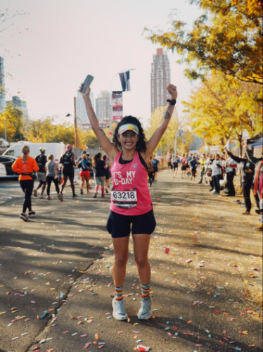 Authors friend Lou celebrating after her first NYC Marathon