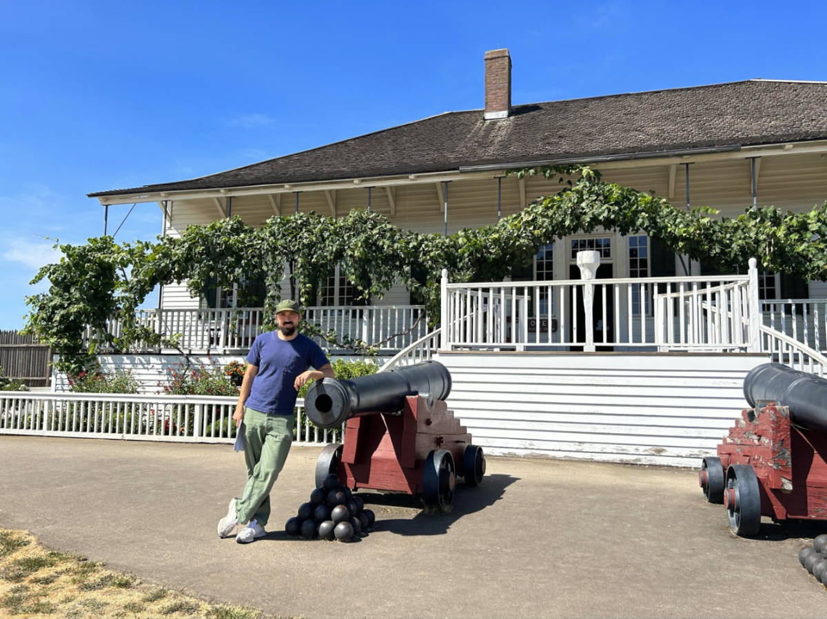 Author's husband near a canyon in Fort Vancouver