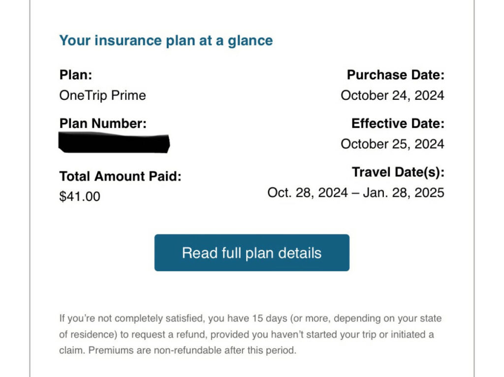 Summary of the author's travel insurance for her last trip