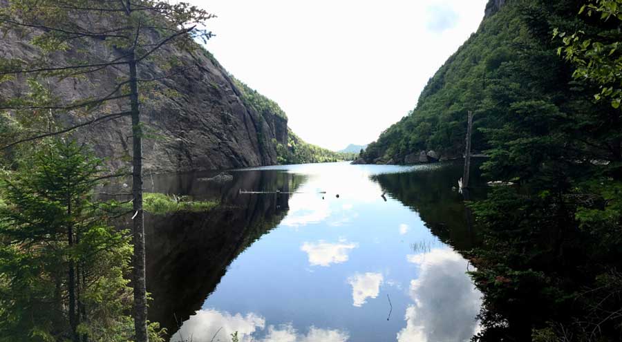 A reflection of a mountain in Avalanche Lake