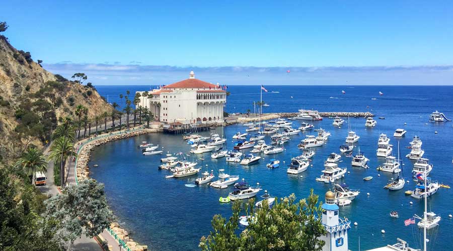 View of boats on the blue water of Avalon Bay