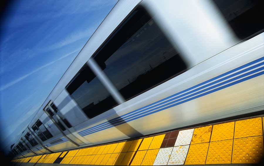 The BART public transportation passing through the station