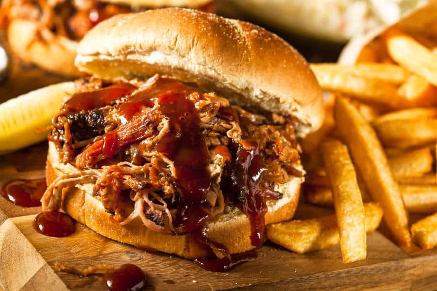 Close up view of a pulled pork sandwich and fries