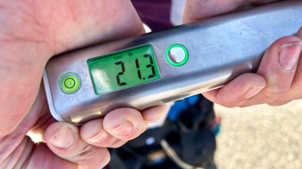 Weight test result of Abigail's backpack during her hike